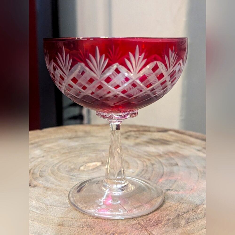 Ruby Red Cut To Clear Saucer Champagne Sherbet Stem 4 5/8"